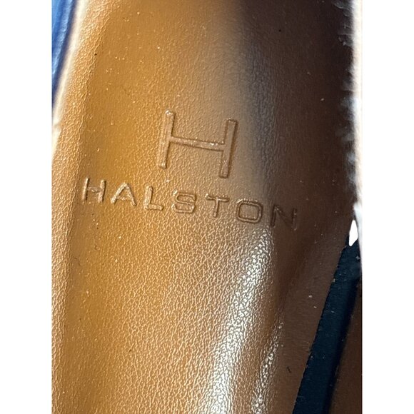 Halston Womens Navy Blue Leather Flats With Suede Ruffle Accent Pointed Toe Size - Picture 2 of 10